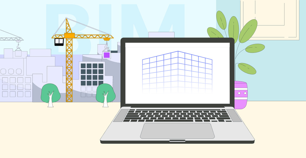 Open laptop in the foreground with a plant pot nearby. In the background, two trees, buildings, and a construction crane, representing the world of architecture and engineering.