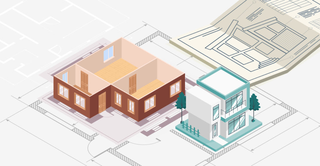 Isometric illustration of an architectural project featuring a partially built house, a completed modern two-story building, and blueprint plans in the background. The image represents the architectural design and urban planning process, with floor plans, elevation drawings, and construction details.