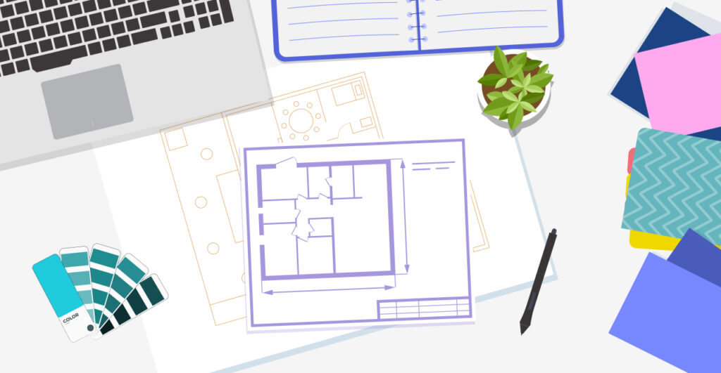 Ilustração de uma mesa com um planta baixa no centro e elementos que remetem a design de interiores, como um notebook, caneta digitalizadora e uma paleta de cores.