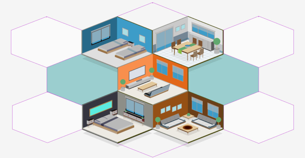 Vista isométrica de diferentes ambientes interiores, incluyendo dormitorios, salones y comedores, que ilustran la planificación espacial en un proyecto de interiores.