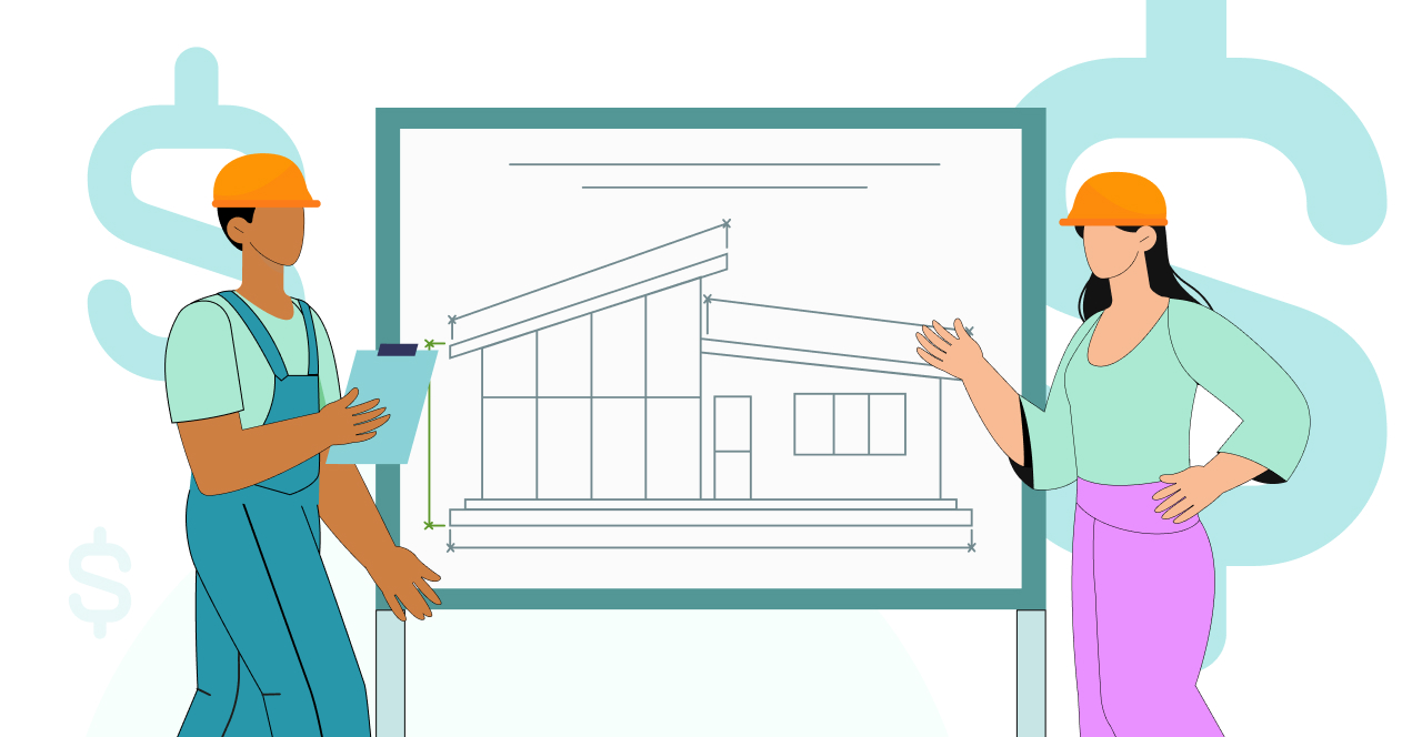 Illustration of two architects reviewing an architecture project plan, highlighting cost-related decisions in building design.