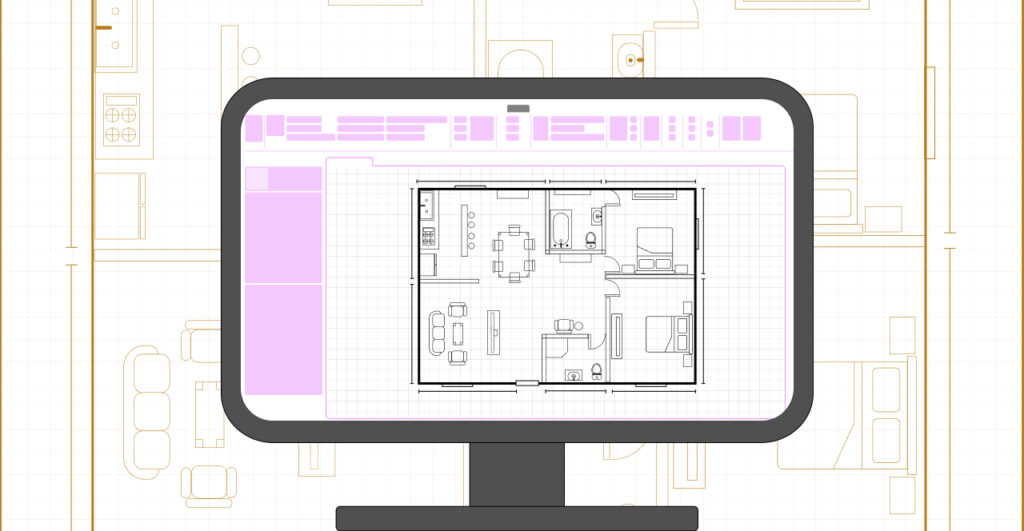 llustración de una planta arquitectónica digital en la pantalla de un ordenador — ejemplo de visualización de maqueta electrónica en software de diseño 2D.