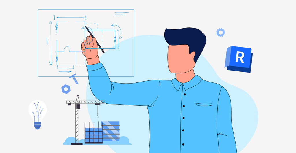 Architect drawing blueprint with construction tools and light bulb symbolizing innovation.