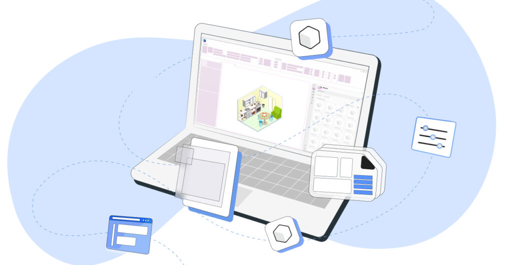 image of an open laptop with a small 3D modeling image on its screen. Around the laptop are several symbols: the Blocks company logo, a SIM card, a paper airplane (symbolizing forwarded messages), a 3D cube, and files, all interconnected by a dashed line.