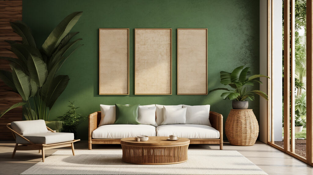 Sala de estar com parede verde, sofá branco e detalhes em vime, com luz natural entrando pelas janelas – projeto de interiores inspirado em cores e texturas da natureza.