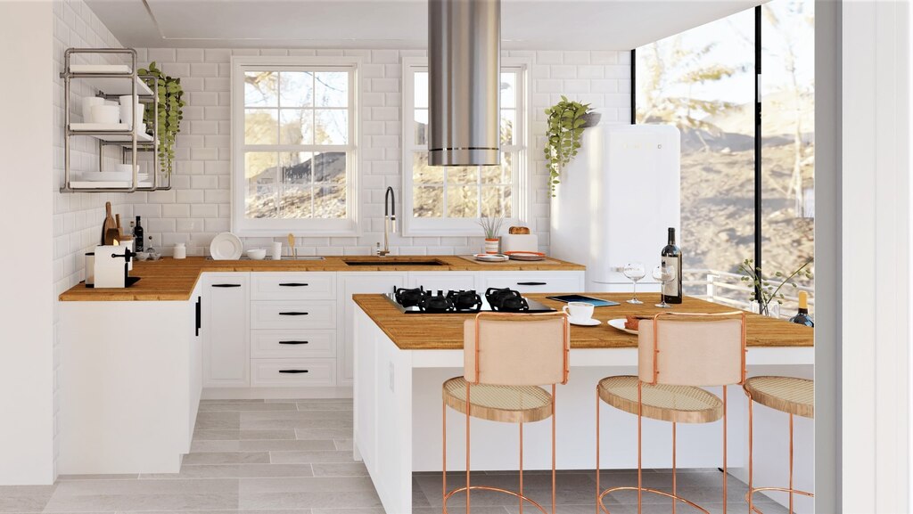 Cozinha moderna com bancada de madeira e cadeiras altas, mostrando um design funcional e acolhedor.