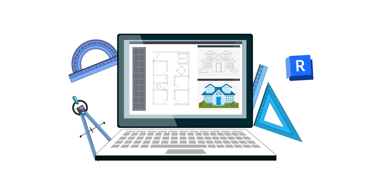 Portátil con planos de planta y elevaciones arquitectónicas en Revit, rodeado de herramientas de dibujo y el logotipo de Revit, representando el flujo de trabajo BIM.