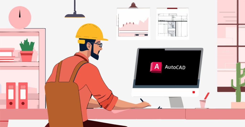 Homem com capacete de segurança trabalhando em um computador com o software AutoCAD em um ambiente de escritório moderno, com gráficos ao fundo.