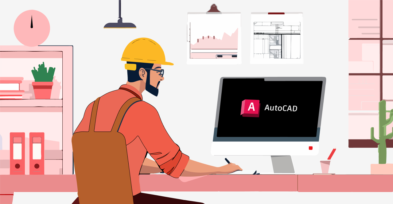 Homem com capacete de segurança trabalhando em um computador com o software AutoCAD em um ambiente de escritório moderno, com gráficos ao fundo.