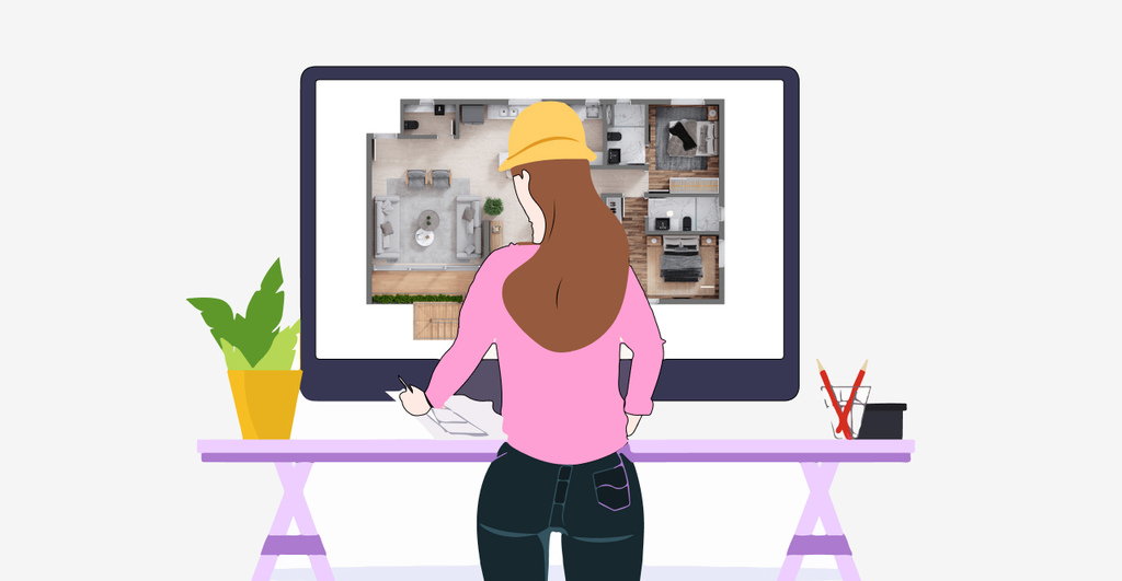 Ilustração de uma mulher usando um computador para visualizar projetos de arquitetura e design de interiores em planta humanizada. Ela está com um capacete e parece concentrada.
