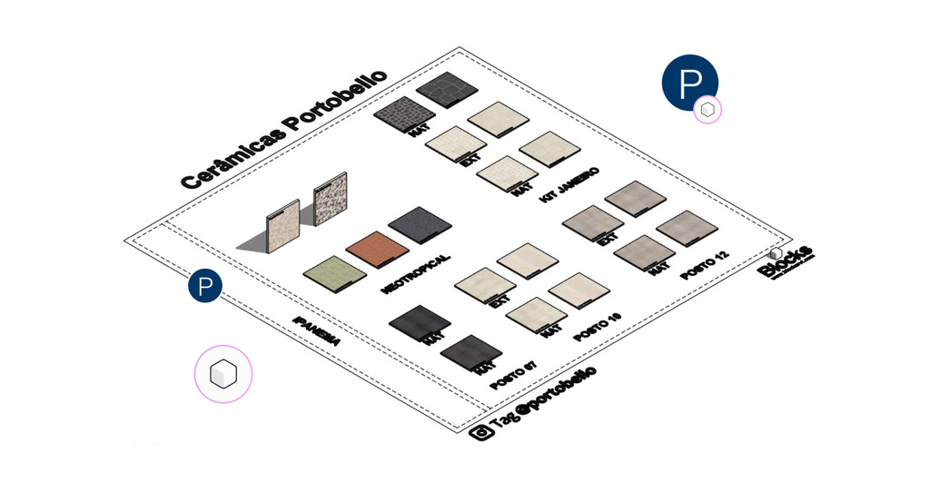 Imagem que apresenta diferentes tipos de cerâmicas do portfólio da Cerâmicas Portobello, exibindo padrões e cores diversas para acabamento de ambientes.