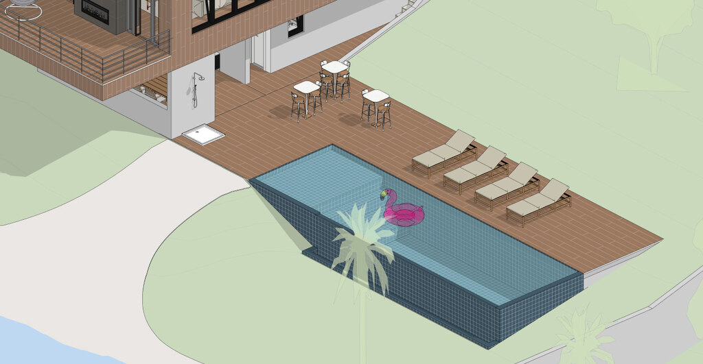 Imagem do projeto piscina moderna, destacando a área da piscina com cadeiras e mesas ao redor. Espaço ideal para lazer e relaxamento.