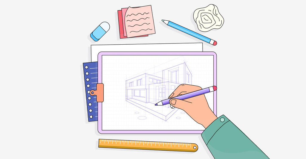 Imagem ilustrativa sobre o que é croqui, mostrando uma mão desenhando em um tablet com papel, lápis e régua ao redor.