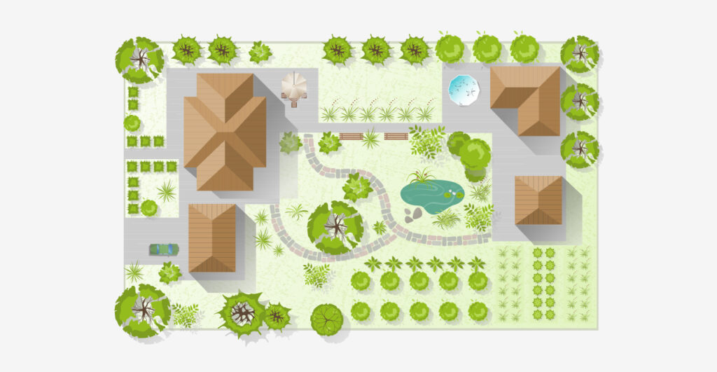 Imagem ilustrativa de um projeto paisagismo com plantas, caminhos, uma piscina e estruturas de madeira em um layout bem planejado.