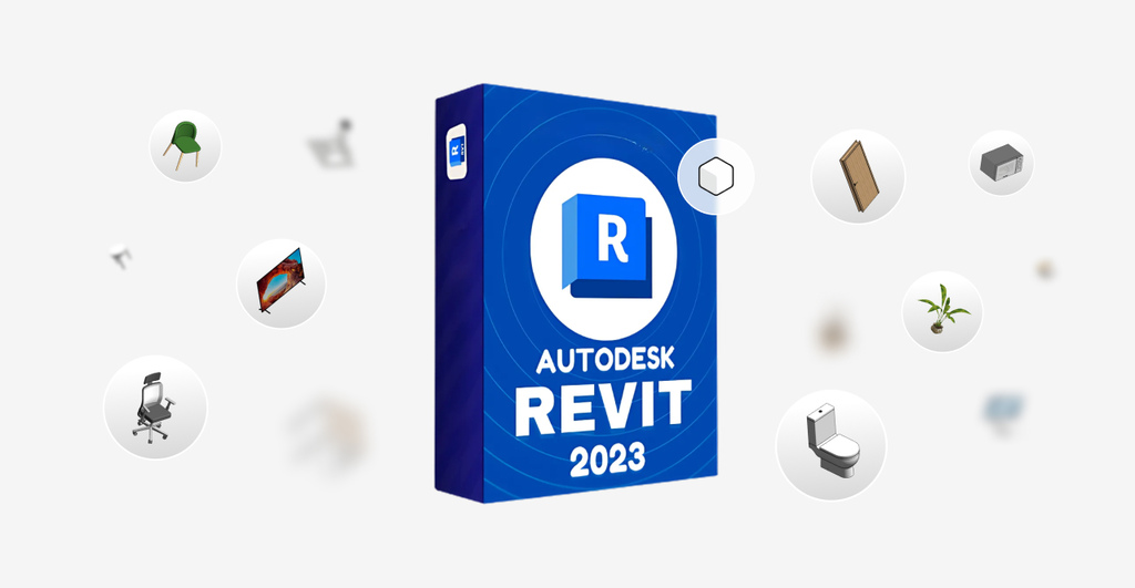 Imagem do software Autodesk Revit 2023, destacando suas funcionalidades e objetos 3D como móveis e decoração, ideal para projetos de arquitetura.