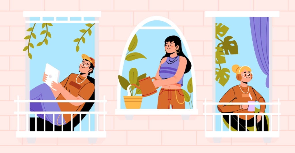 Imagem de uma varanda gourmet com três pessoas desfrutando do espaço. Um homem relaxa com um tablet, enquanto uma mulher rega plantas e outra aprecia uma bebida. Um ambiente leve e descontraído.