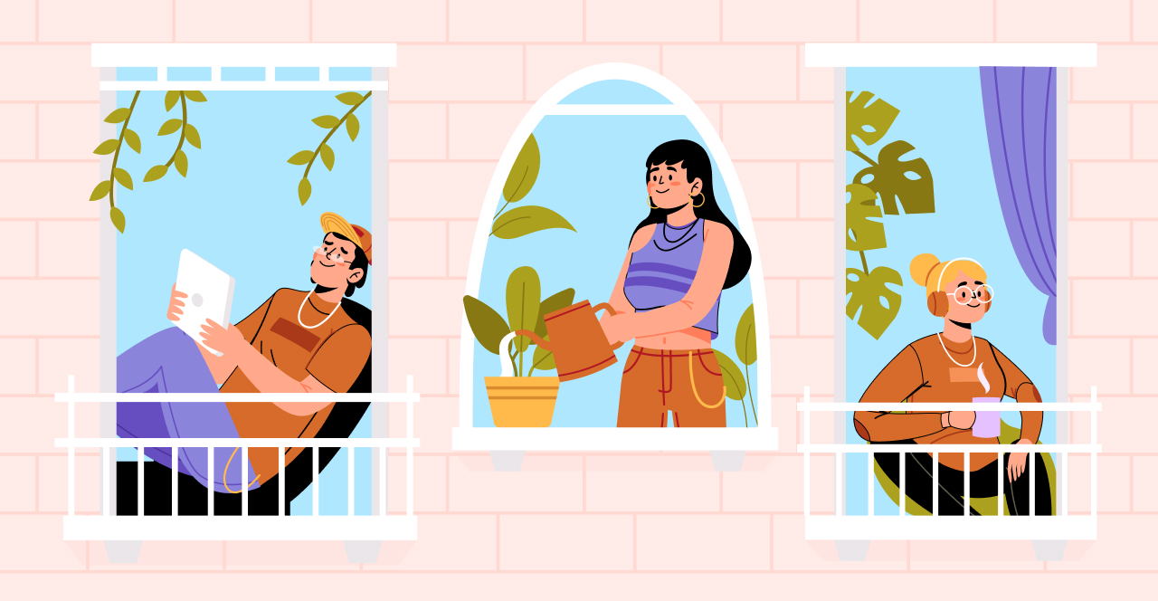 Imagem de uma varanda gourmet com três pessoas desfrutando do espaço. Um homem relaxa com um tablet, enquanto uma mulher rega plantas e outra aprecia uma bebida. Um ambiente leve e descontraído.