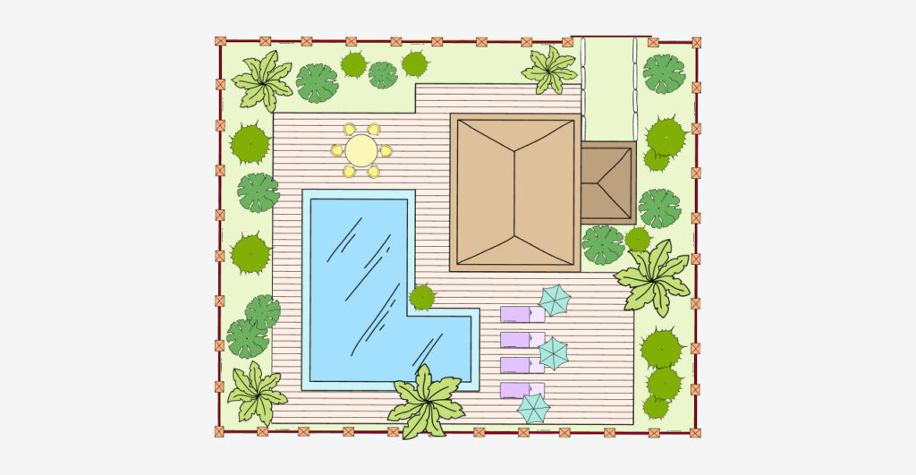 Projeto de paisagismo com piscina, deck de madeira e áreas verdes, ideal para ambientes externos aconchegantes e relaxantes.