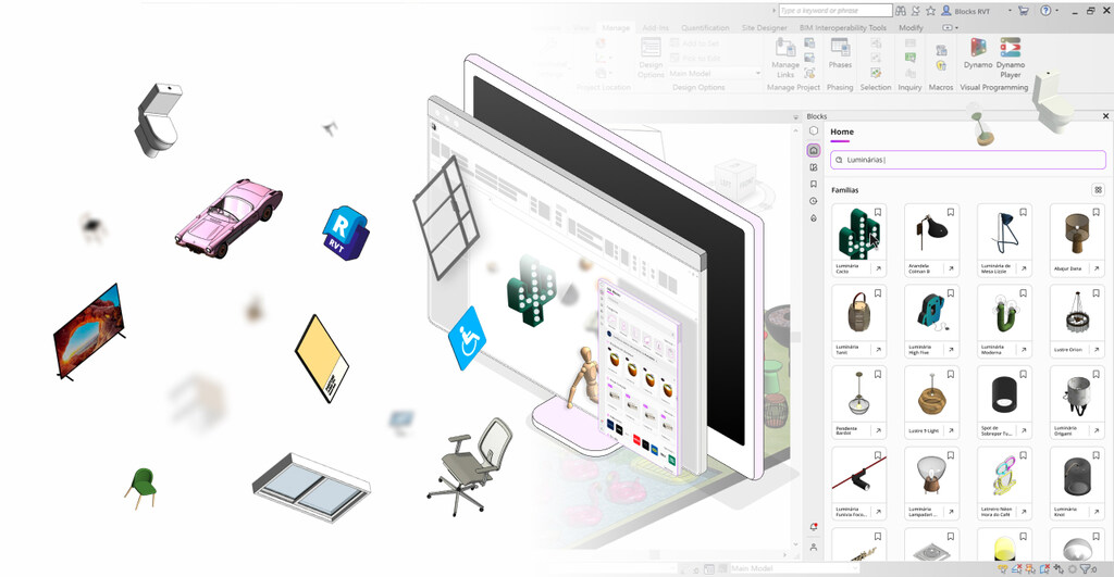 Imagem apresenta uma interface de software com diversos objetos em 3D, como móveis e acessórios. Destaque para a utilização de elementos decorativos em design de interiores. A ilustração sugere um ambiente criativo e inovador, ideal para projetos arquitetônicos e decoração.