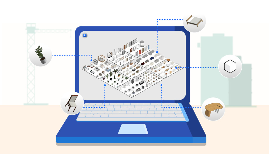 Imagem digital ilustrando uma plataforma de design de móveis com diferentes modelos de cadeiras, mesas e outros objetos de decoração conectados a um computador.
