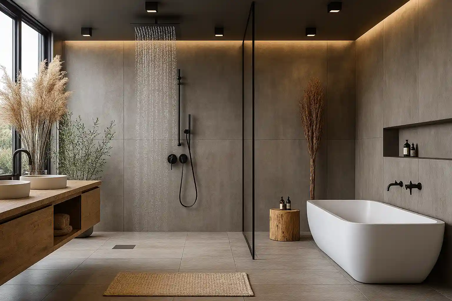 Banheiro moderno com banheira, ducha de chuva, pia de pedra e decoração com plantas secas, iluminação suave e ambiente minimalista