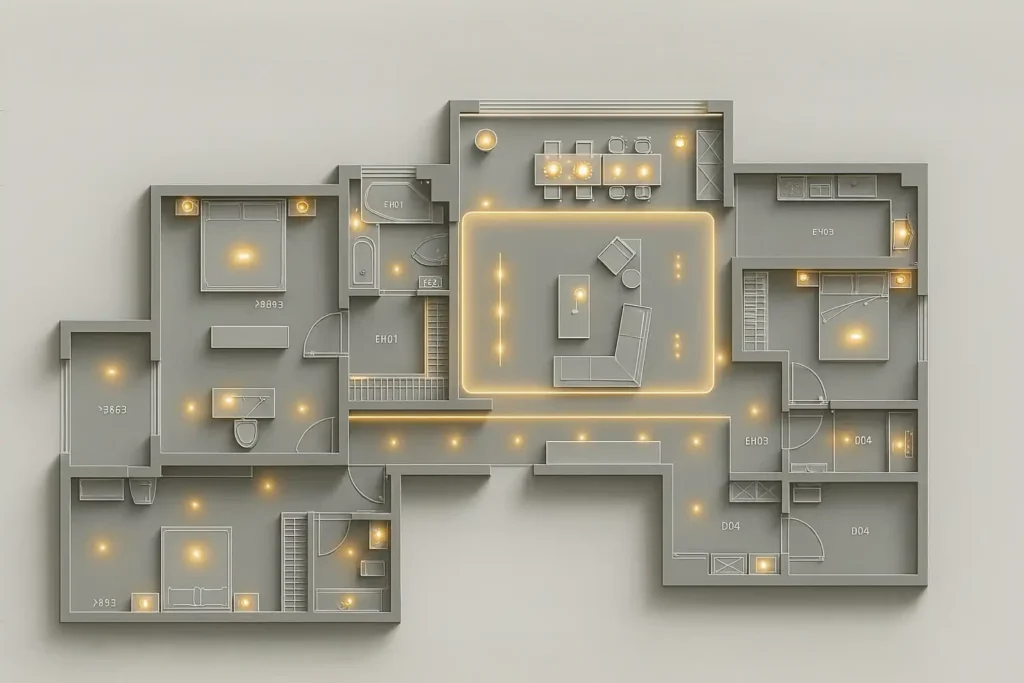 Imagem de planta baixa de apartamento moderna, com iluminação suave, áreas de convivência e quartos bem distribuídos, ideal para decoração e projetos de interiores.
