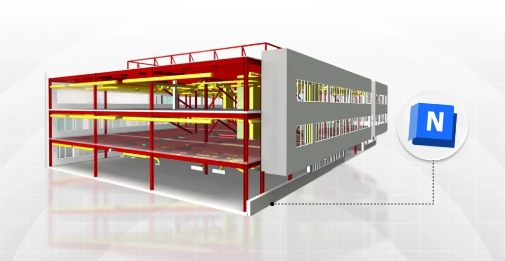 Modelagem arquitetônica de uma estrutura de edifício usando Navisworks, destaque para o detalhamento em 3D e integração de projetos para otimização da construção.