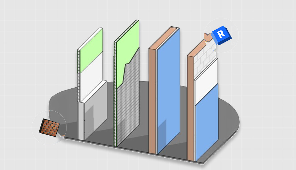 Imagem demonstrando diferentes tipos de paredes no Revit, com foco em dicas para diminuir o tamanho de paredes no software de modelagem arquitetônica.